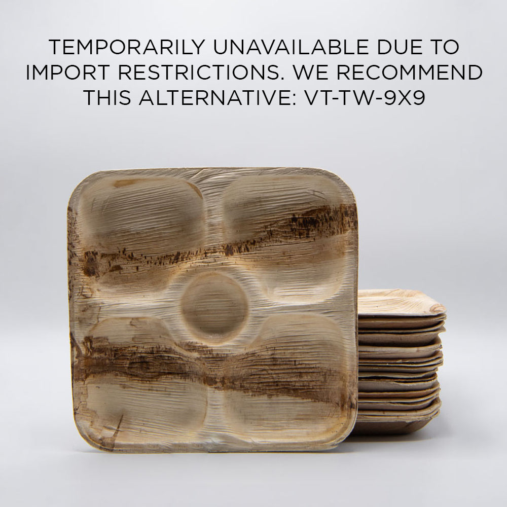 9" x 9" - 5 Compartment Palm Leaf Plate BACKORDERED - Est. Restocking 10.1.2024