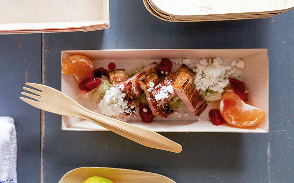 VerTerra Dinnerware 3x8 Fixed Side Basla Wood Smallware Tray with Wooden Fork. 