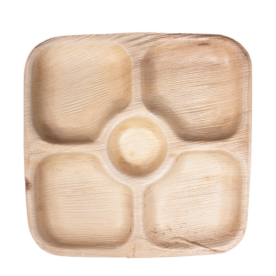 9" x 9" - 5 Compartment Palm Leaf Plate BACKORDERED - Est. Restocking 10.1.2024