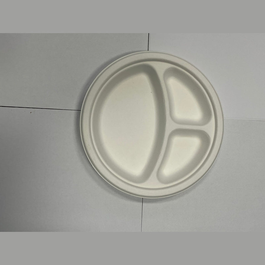 9" Round 3 Compartment Sugar Cane Plate (50 Pack)